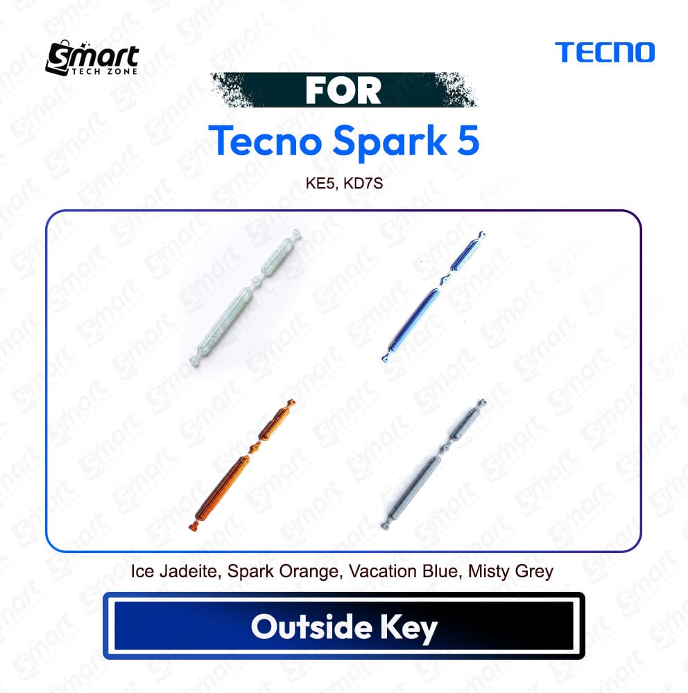 Tecno Spark 5 On Off / Volume Up Down Button Side Key, Outside Key Replacement Repair Spare Part KE5, KD7S