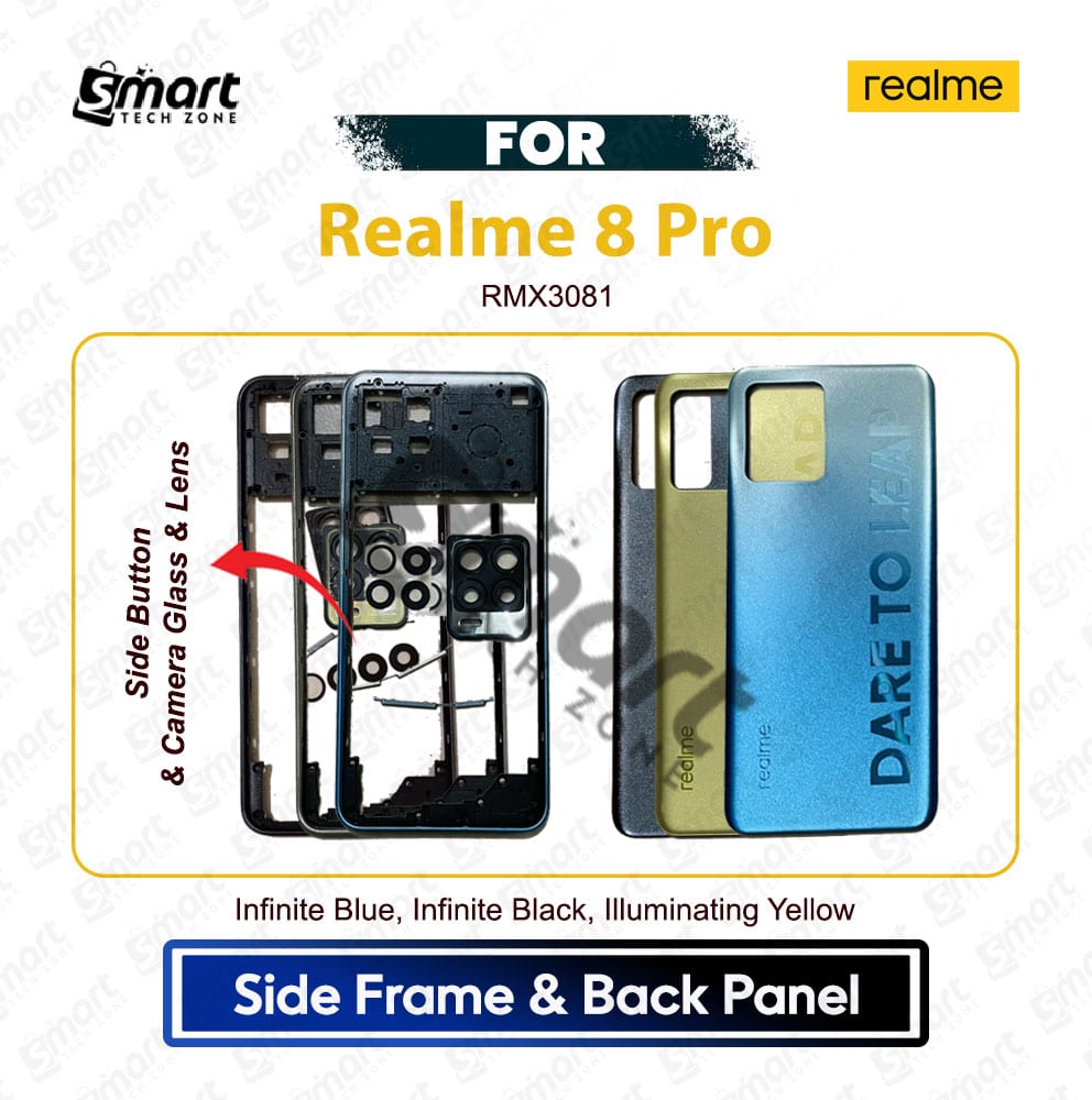 Realme 8 Pro Side Frame And Back Panel Housing With Side Buttons Camera Glass Camera Lens Replacement Repair Spare Part For RMX3081