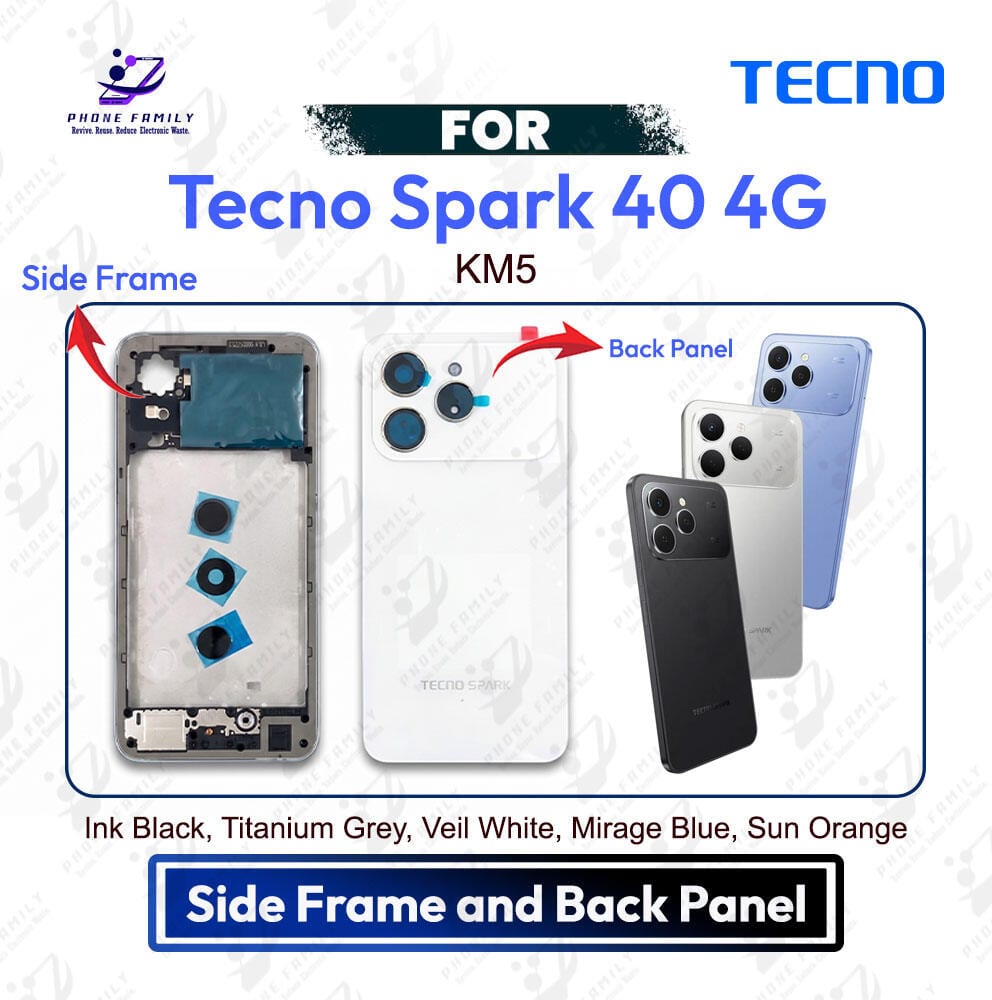 Tecno Spark 40 4G Side Frame and Back Panel | Backshell Casing Cover Replacement Part (KM5)