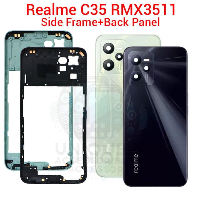 For Realme C35 RMX3511 Side Frame + Back Panel Housing + Camera Glass Back shell Replacement Spare Parts