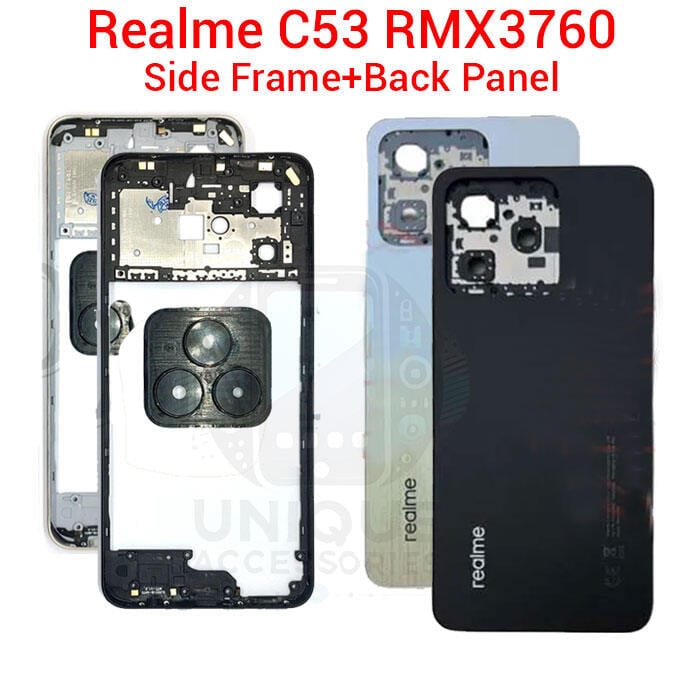 For Realme C53 RMX3760 Side Frame + Back Panel Housing + Camera Glass Back shell Replacement Spare Parts