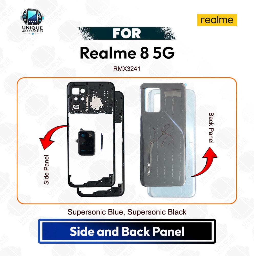 Realme 8 5G Side and Back Panel Back Housing Frame Backshell Without Camera Glass Replacement Spare Part (RMX3241)