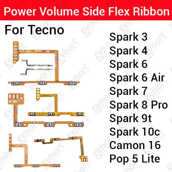 Tecno Spark 3 4 6 6 Air 7 8 Pro 9t 10c Camon 16 Pop 5 Lite Power on / off Switch Button Side Volume Up Down Buttons Flex Cable Replacement Parts
