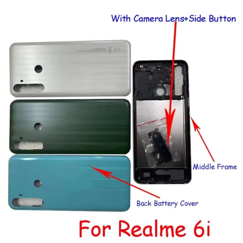 Compatible with Realme 6i Side Frame and Back Panel + Camera Glass Lens + Outside Key Replacement Part