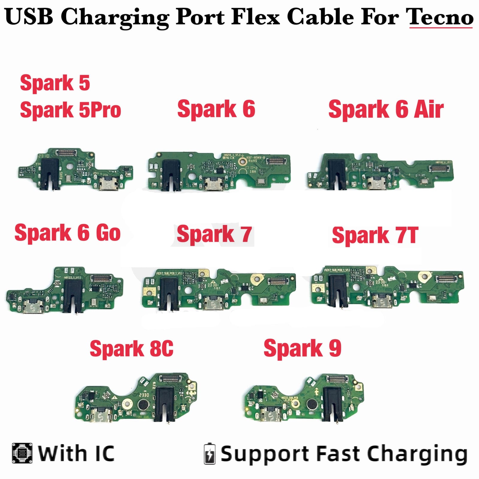 Charging Logic Board For Tecno Spark 5 5 Pro 6 6 Air 6 Go 7 7T 8c 8T 8P 9 10C Charging Port USB Plug PCB Dock Connector Spare parts