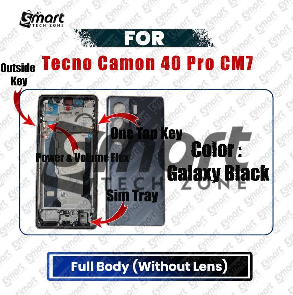 Full Body Housing Set for Tecno Camon 40 Pro CM7 Includes Front LCD Frame, Middle Bezel, Back Panel, Sim Tray, Power Volume Flex Cable Ribbon and Outside Key